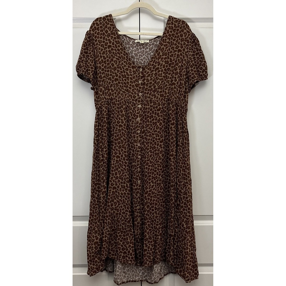 Indigo Rose Womens Midi Dress Brown Leopard Print Puff Sleeve Cottagecore XL